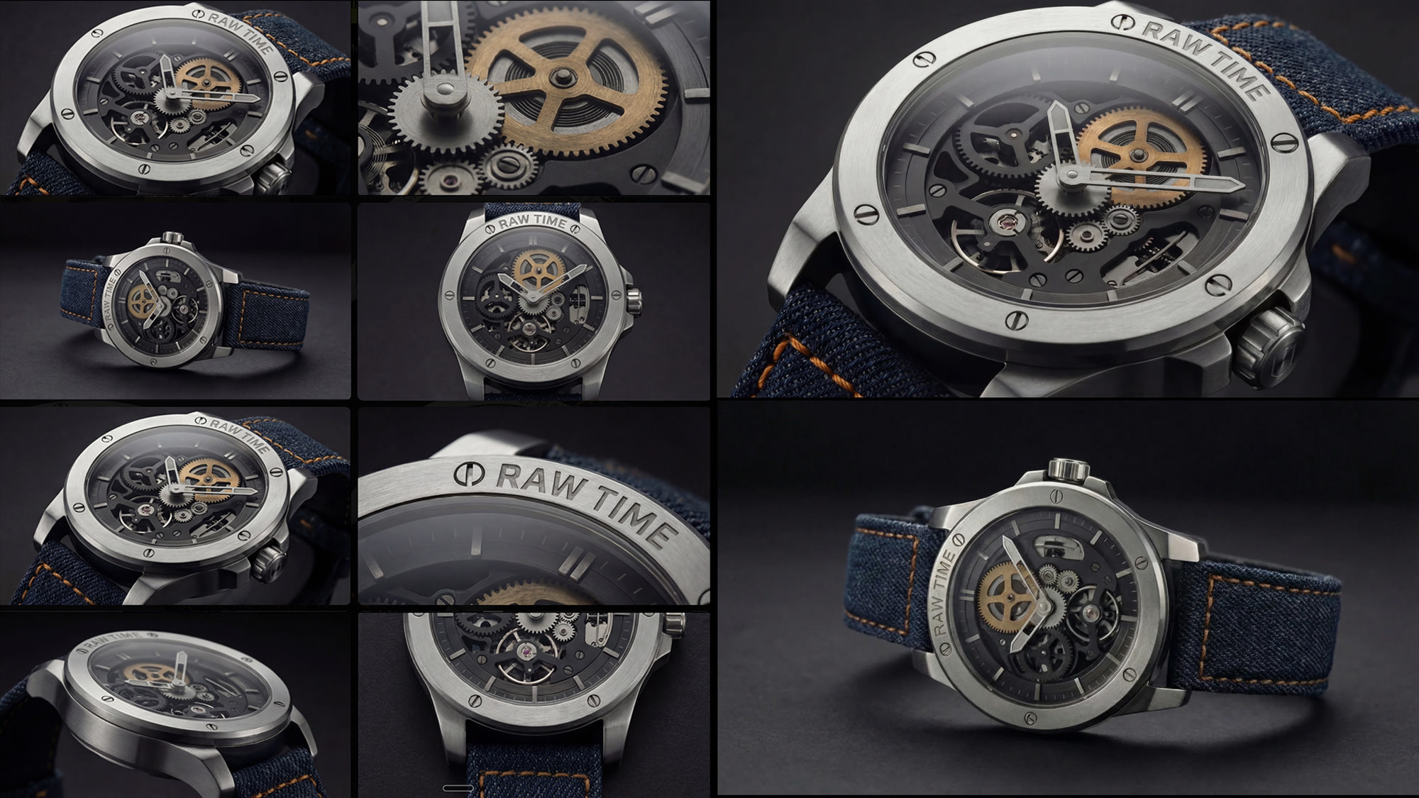 RAW TIME skeleton watch design multiple angles denim strap