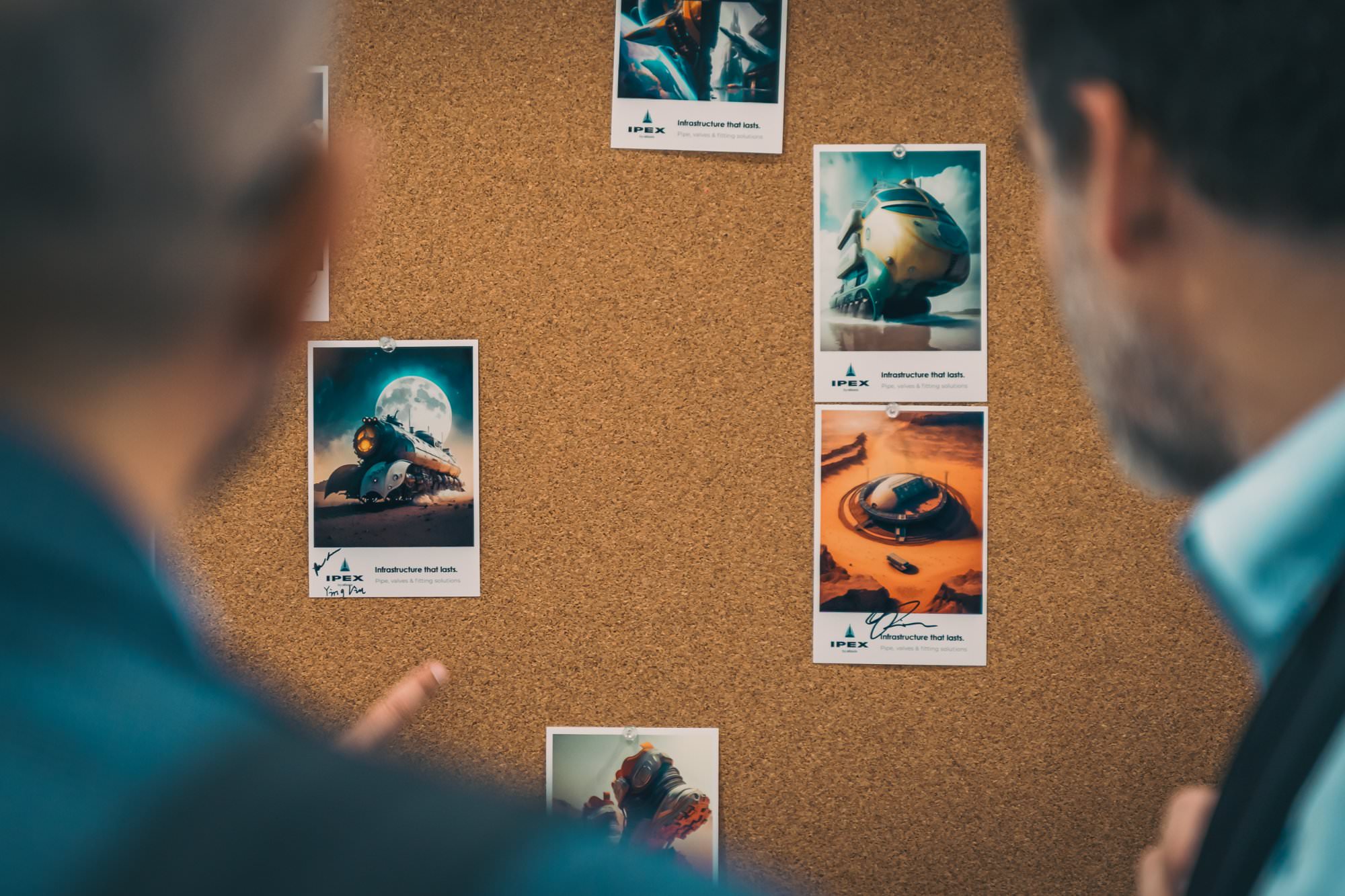 AI-generated Midjourney prints on cork board