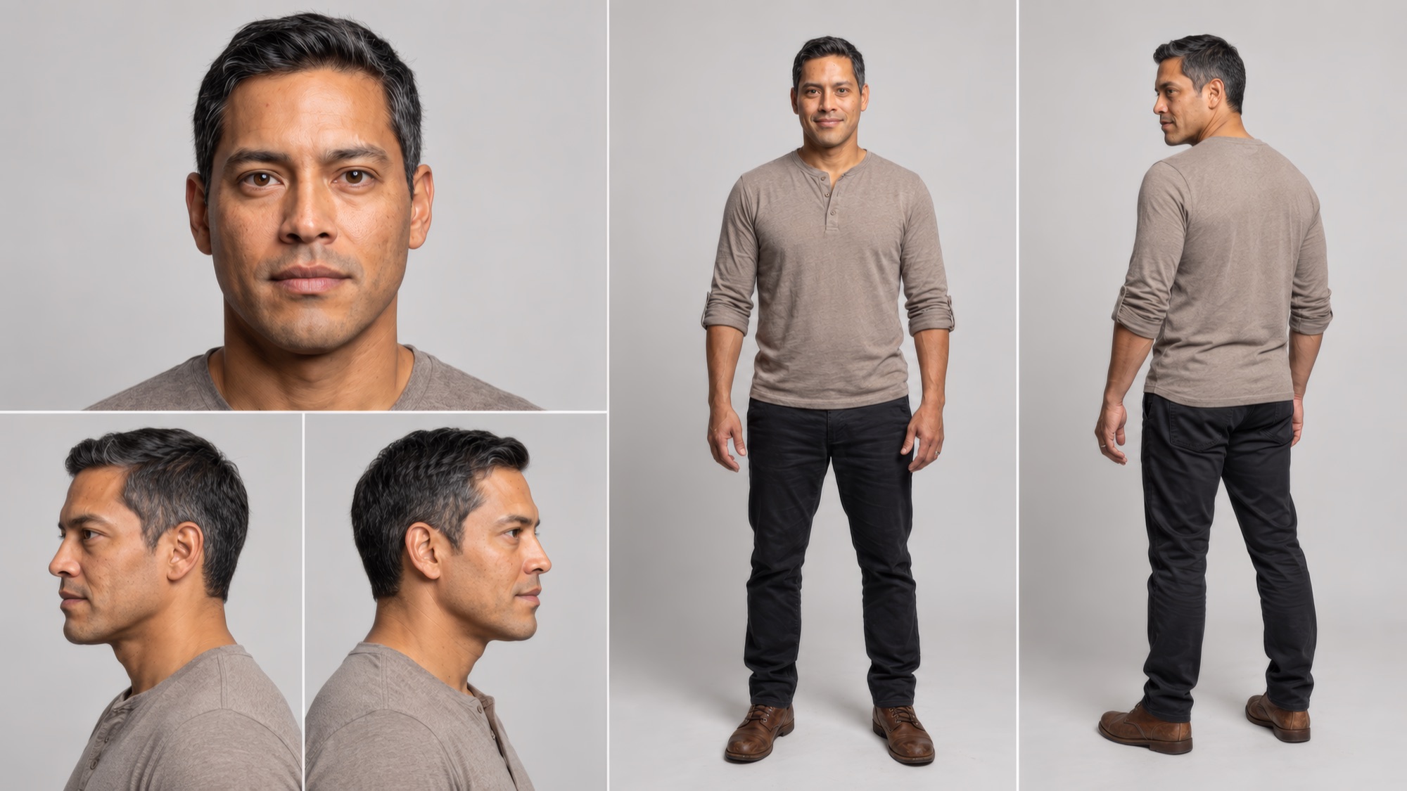 Diego character sheet aged via image editing multi-angle reference Latina Beer Acepto