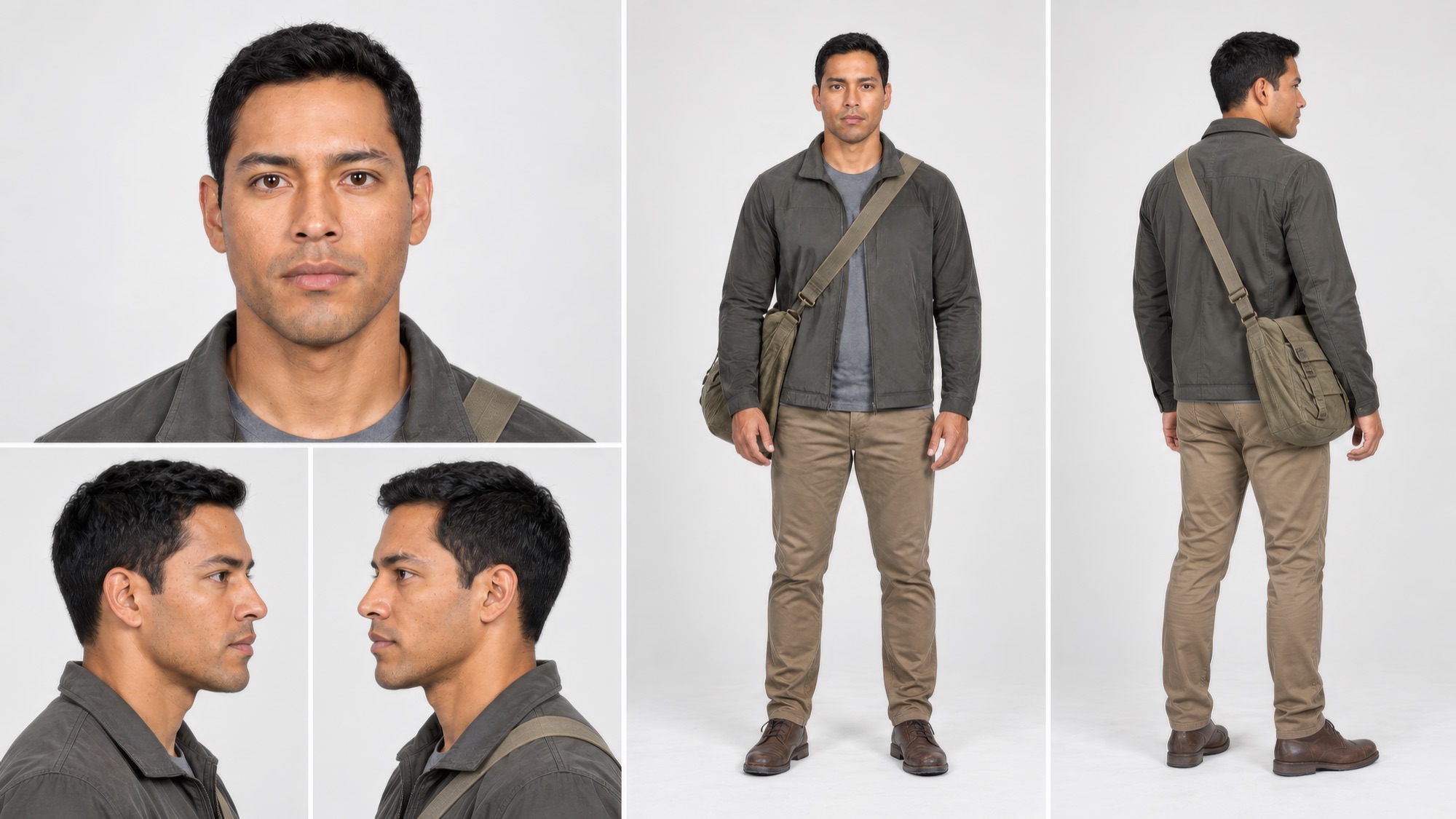 Diego character sheet early twenties multi-angle reference Latina Beer Acepto