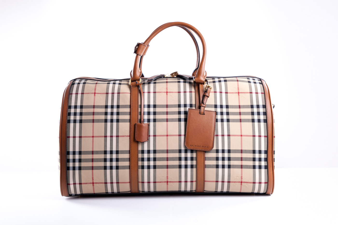 Burberry check duffel bag product photography