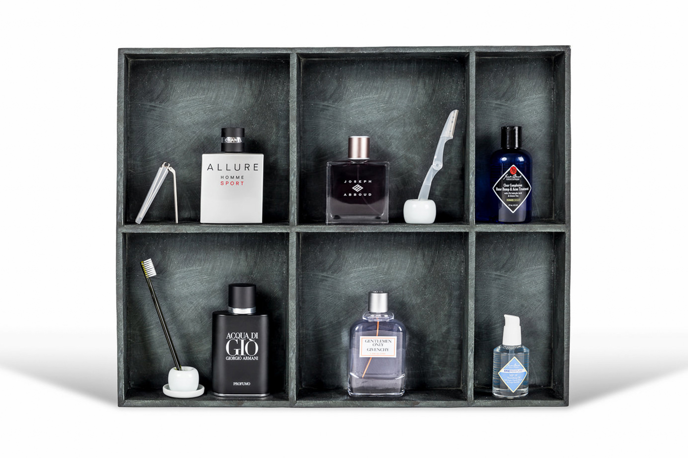 Fragrance and grooming flatlay product photography