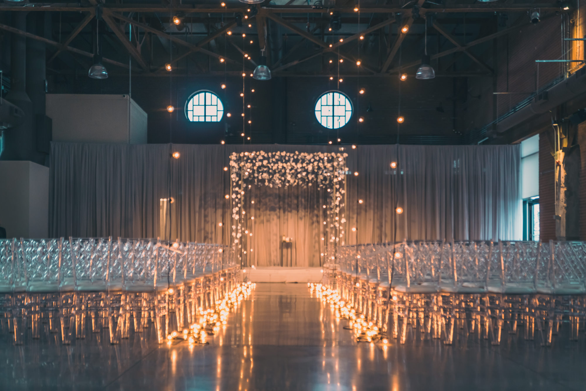 The Symes candlelit wedding aisle with fairy lights